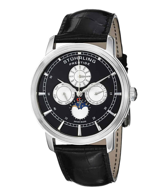 Maestro 385 Quartz 42mm - Black Dial / Silver Case / Black Leather Strap Tang Buckle