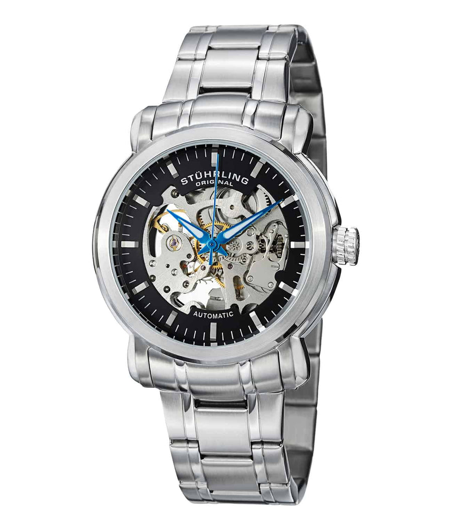 Delphi Antium 387 Automatic 42mm Skeleton - Black Dial / Silver Case / Silver Stainless Steel Bracelet Deployant Buckle