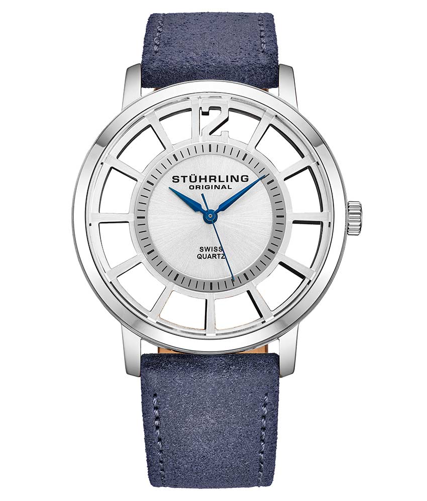Stührling 388S2 Quartz 40mm Classic - Silver Dial / Silver Case / Blue Leather Strap Silver Tang Buckle