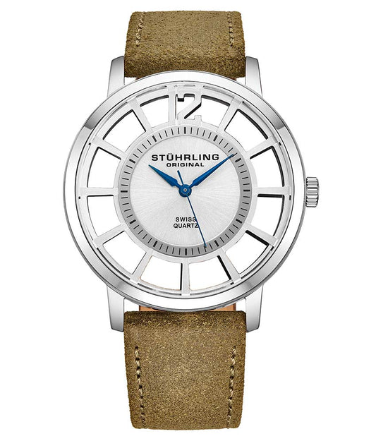 Stührling 388S2 Quartz 40mm Classic - Silver Dial / Silver Case / Green Leather Strap Silver Tang Buckle