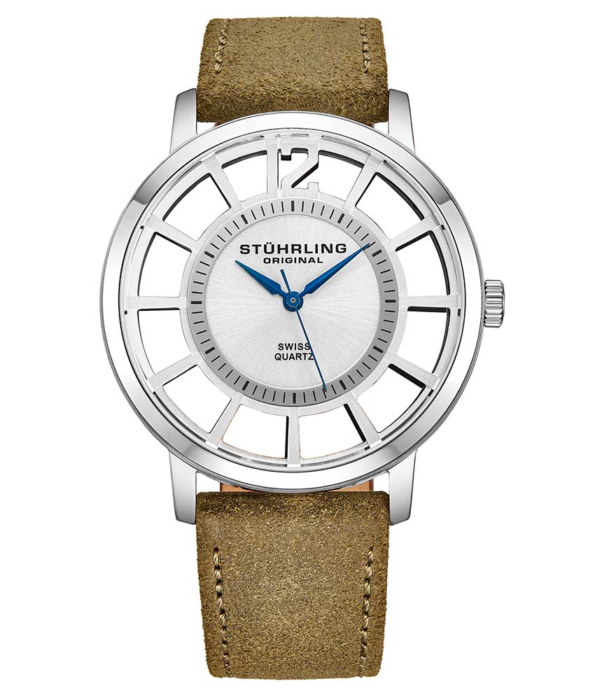 Stührling 388S2 Quartz 40mm Classic - Silver Dial / Silver Case / Green Leather Strap Silver Tang Buckle