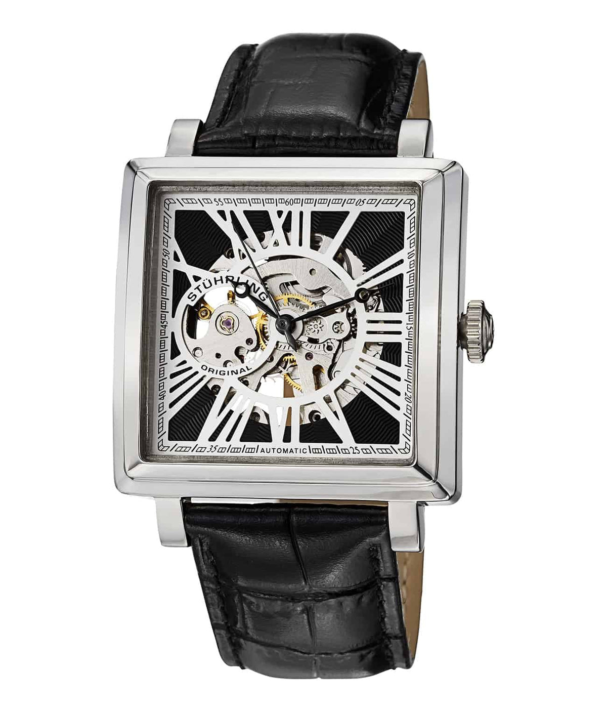 Chariot Square 389 Automatic 40mm Skeleton - Black Dial / Silver Case / Black Leather Interchangeable Strap Tang Buckle