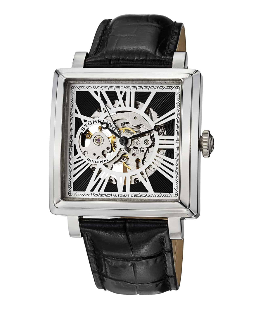 Chariot Square 389 Automatic 40mm Skeleton - Black Dial / Silver Case / Black Leather Interchangeable Strap Tang Buckle