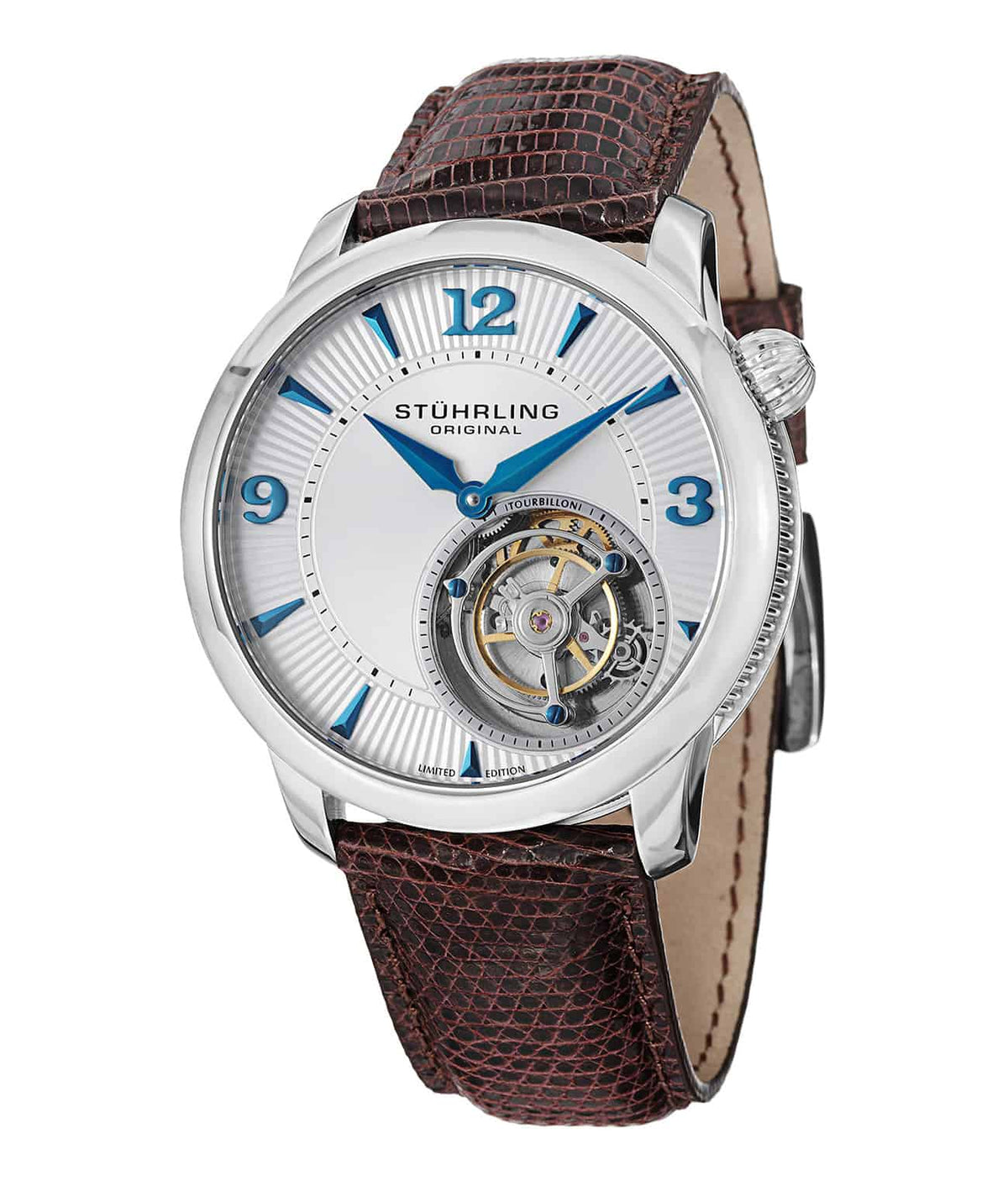 Stührling Noble 43mm Tourbillon - Silver Dial / Silver Case / Brown Leather Strap Tang Buckle