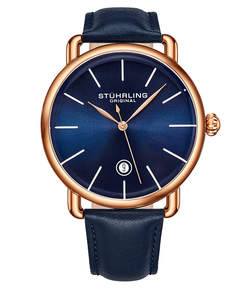 Stührling Agent 3913 Quartz 42mm Classic - Blue Dial / Rose Case / Blue Leather Strap Rose Gold Layered Tang Buckle