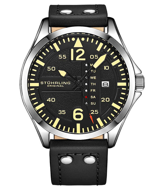 Stührling Aeronaut 3916 Quartz 43mm Aviator - Black Dial/Silver Case/Black Leather Strap