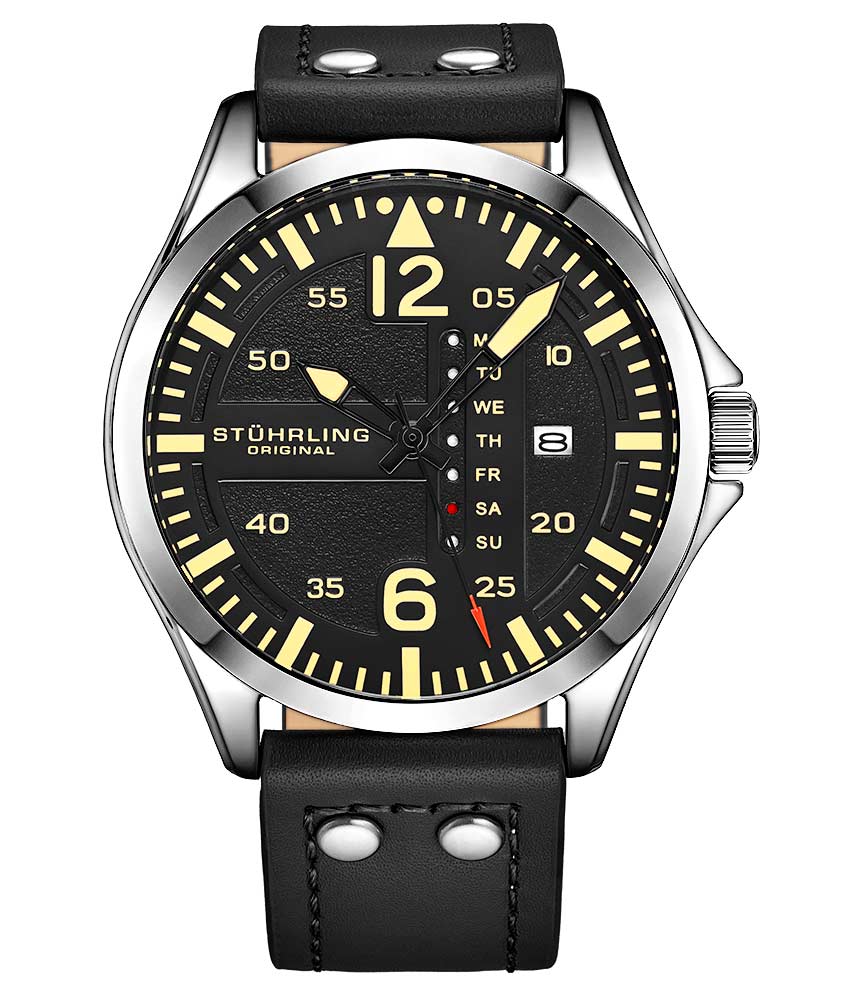Stührling Aeronaut 3916 Quartz 43mm Aviator - Black Dial/Silver Case/Black Leather Strap