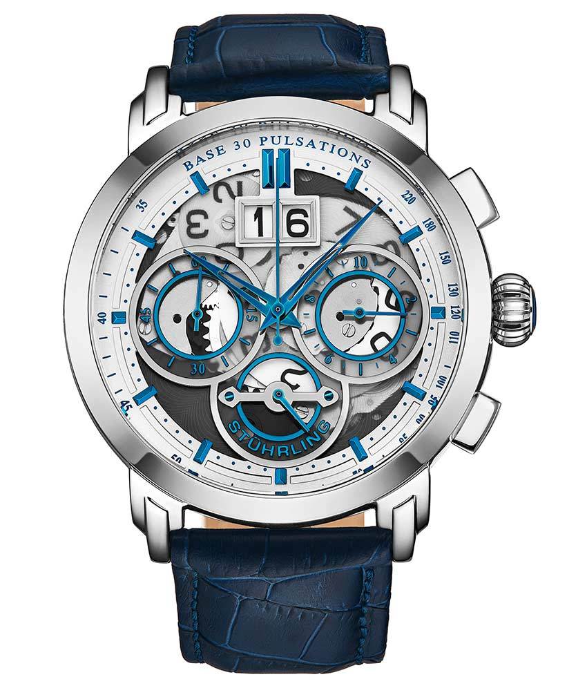 Stührling Imperia 392 Quartz 47mm Chronograph - Silver Dial / Silver Case / Blue Leather Strap Silver Tang Buckle