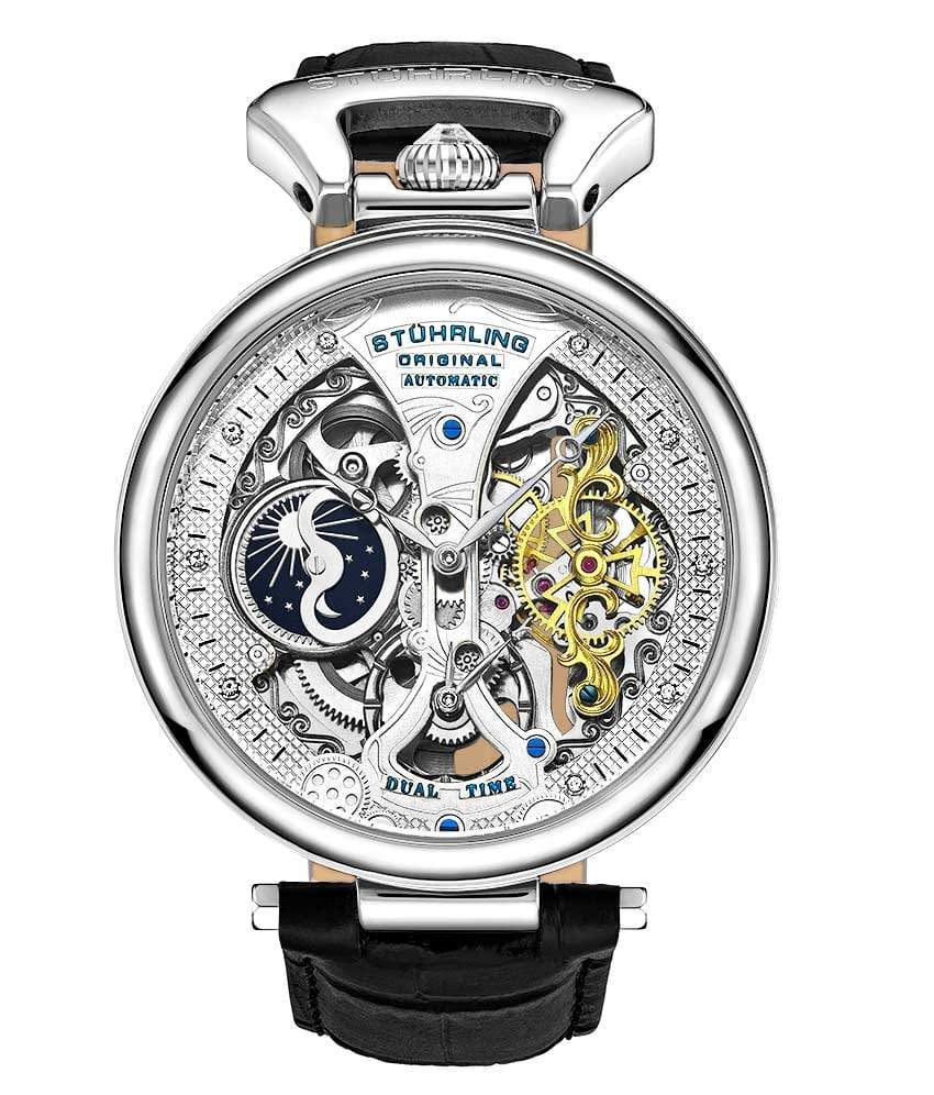 Stührling Emperor’s Grand DT 3920 Automatic 46mm Skeleton - Silver Dial/Silver Case/Black Leather Strap
