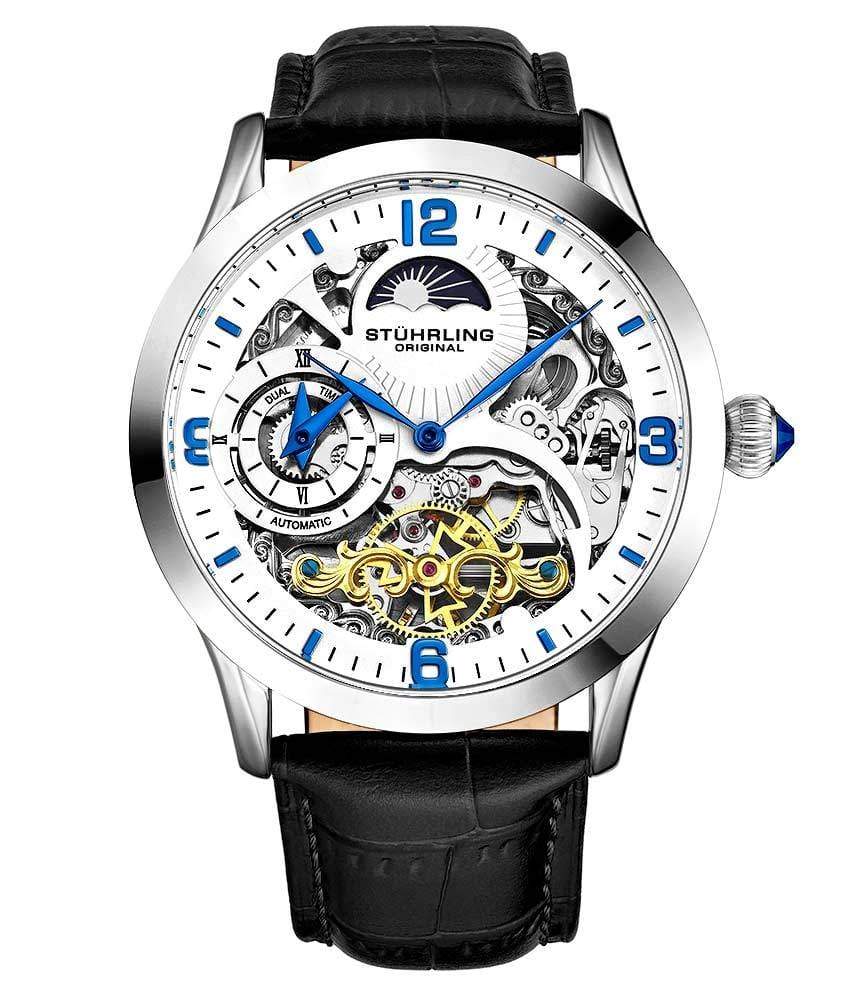 Stührling Special Reserve 3921 Automatic 44mm Skeleton - White Dial/Silver Case/Black Leather Strap