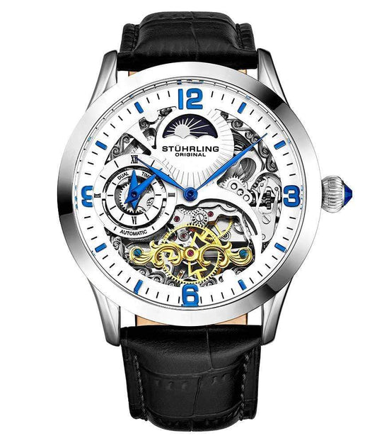 Stührling Special Reserve 3921 Automatic 44mm Skeleton - White Dial/Silver Case/Black Leather Strap