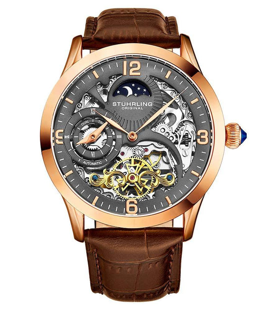 Stührling Special Reserve 3921 Automatic 44mm Skeleton - Grey Dial/Rose Case/Brown Leather Strap