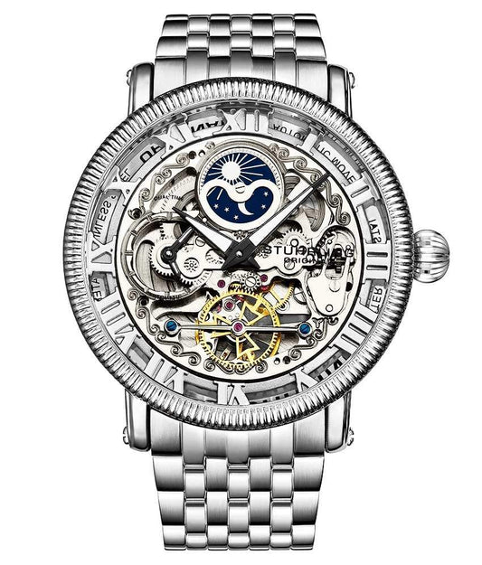 Stührling Symphony DT 411 Automatic 47mm Skeleton - Silver Dial / Silver Case / Silver Stainless Steel Bracelet Deployant Buckle