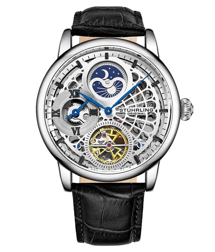 Stührling 3926 Automatic 43mm Skeleton - Silver Dial / Silver Case / Black Leather Strap Silver Tang Buckle