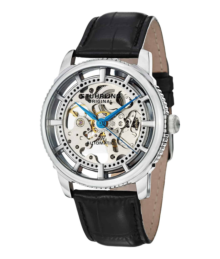 Stührling Winchester Skeleton 393 Automatic 42mm - Silver Dial / Silver Case / Black Leather Strap Tang Buckle
