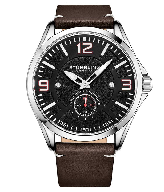 Stührling Aviator 3934 Quartz 43mm - Black Dial / Silver Case / Dark Brown Leather Strap Silver Tang Buckle