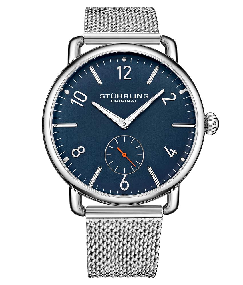 Stührling Jenson 3939 Quartz 42mm Classic - Blue Dial / Silver Case / Silver Stainless Steel Bracelet Deployant Buckle