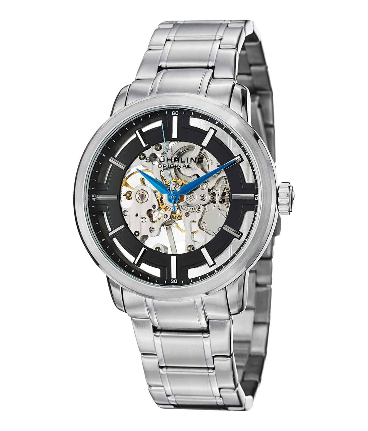 Stührling Winchester Pro 394 Hand-wind 43mm Skeleton - Black Dial / Silver Case / Silver Stainless Steel Bracelet Deployant Buckle