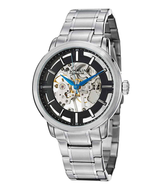 Stührling Winchester Pro 394 Hand-wind 43mm Skeleton - Black Dial / Silver Case / Silver Stainless Steel Bracelet Deployant Buckle