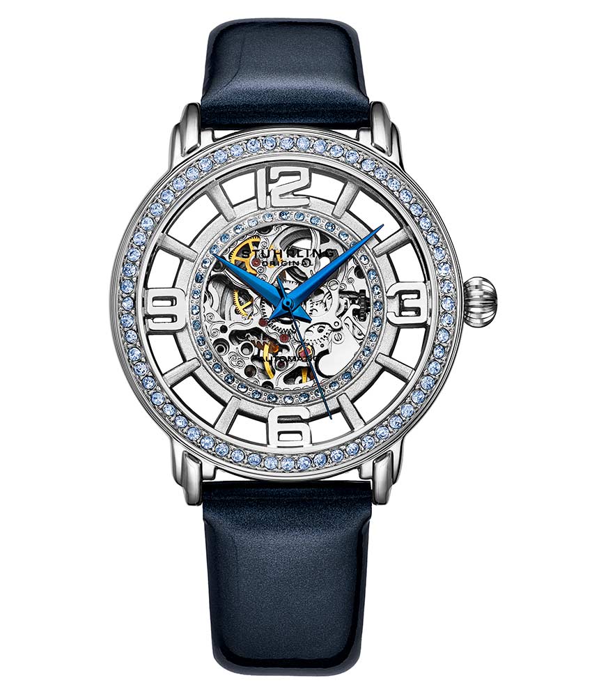 replacement Winchester 3941 Automatic 38mm Skeleton - Silver Dial / Silver Case / Blue Leather Strap Silver Tang Buckle