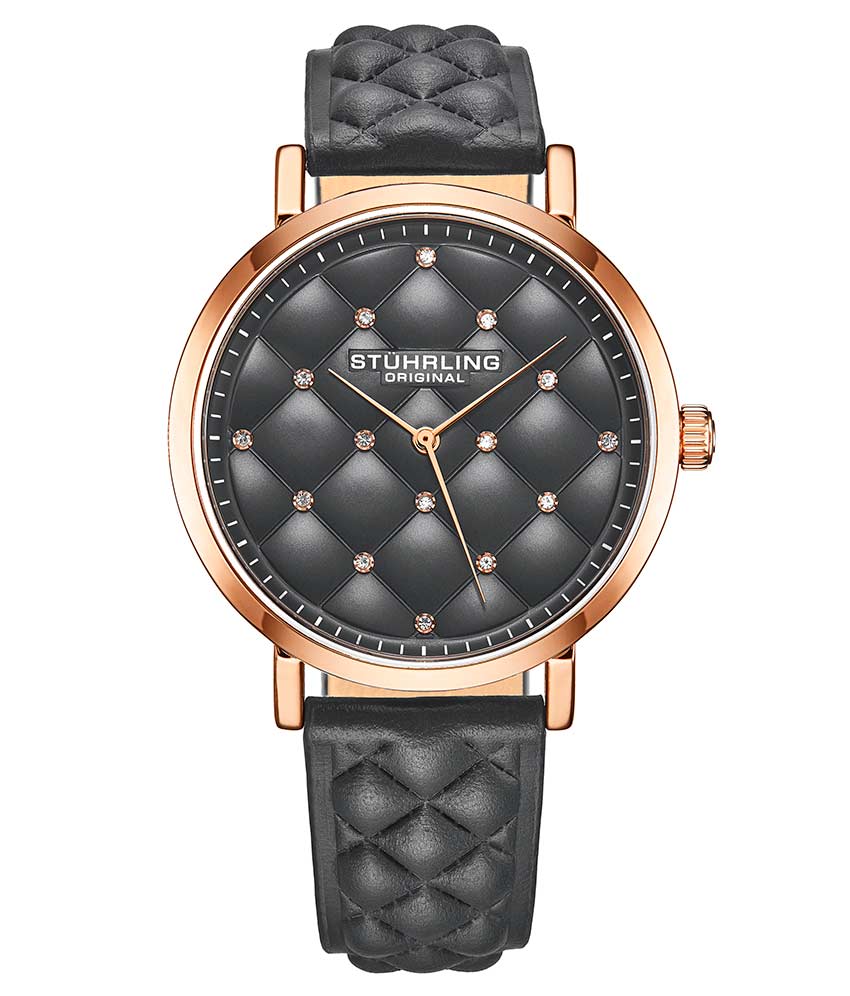 Stührling Audrey 3945 Quartz 38mm Fashion - Gun Metal Grey Dial / Rose Case / Gun Metal Grey Leather Strap Rose Gold Layered Tang Buckle