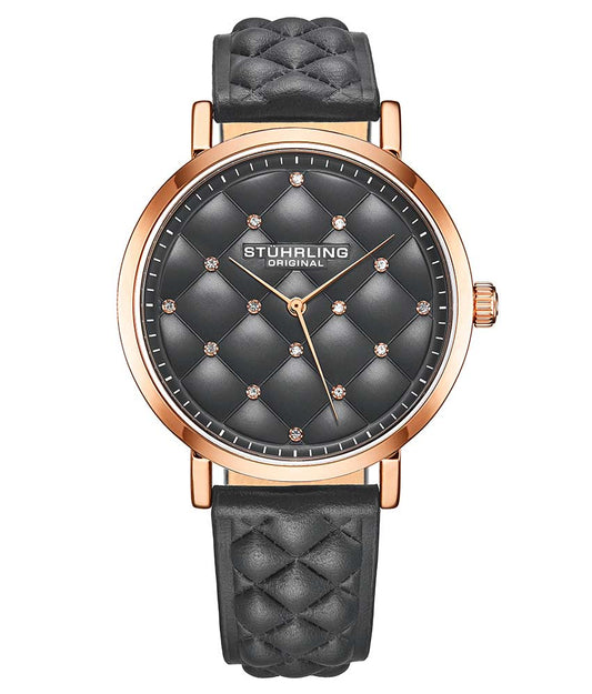 Stührling Audrey 3945 Quartz 38mm Fashion - Gun Metal Grey Dial / Rose Case / Gun Metal Grey Leather Strap Rose Gold Layered Tang Buckle
