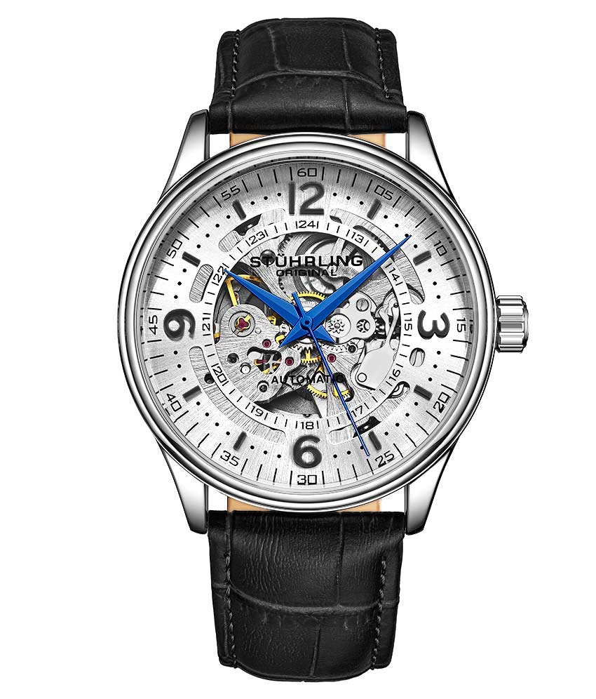 Stührling Denmark 3947 Automatic 42mm Skeleton - White Dial/Silver Case/Black Leather Strap