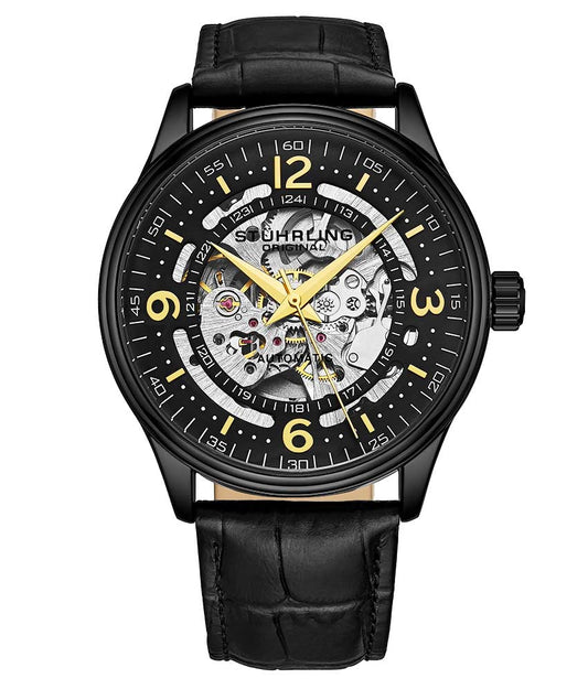 Stührling Denmark 3947 Automatic 42mm Skeleton - Black Dial/Black Case/Black Leather Strap