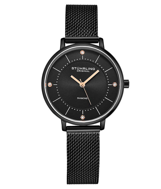 Stührling Almasi 3948 Quartz 34mm Classic - Black Dial / Black Case / Black Stainless Steel Bracelet Black Foldover Buckle