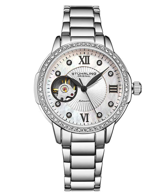 Stührling Perle 3951 Automatic 36mm Skeleton - Silver Dial / Silver Case / Silver Stainless Steel Bracelet Silver Deployant Buckle