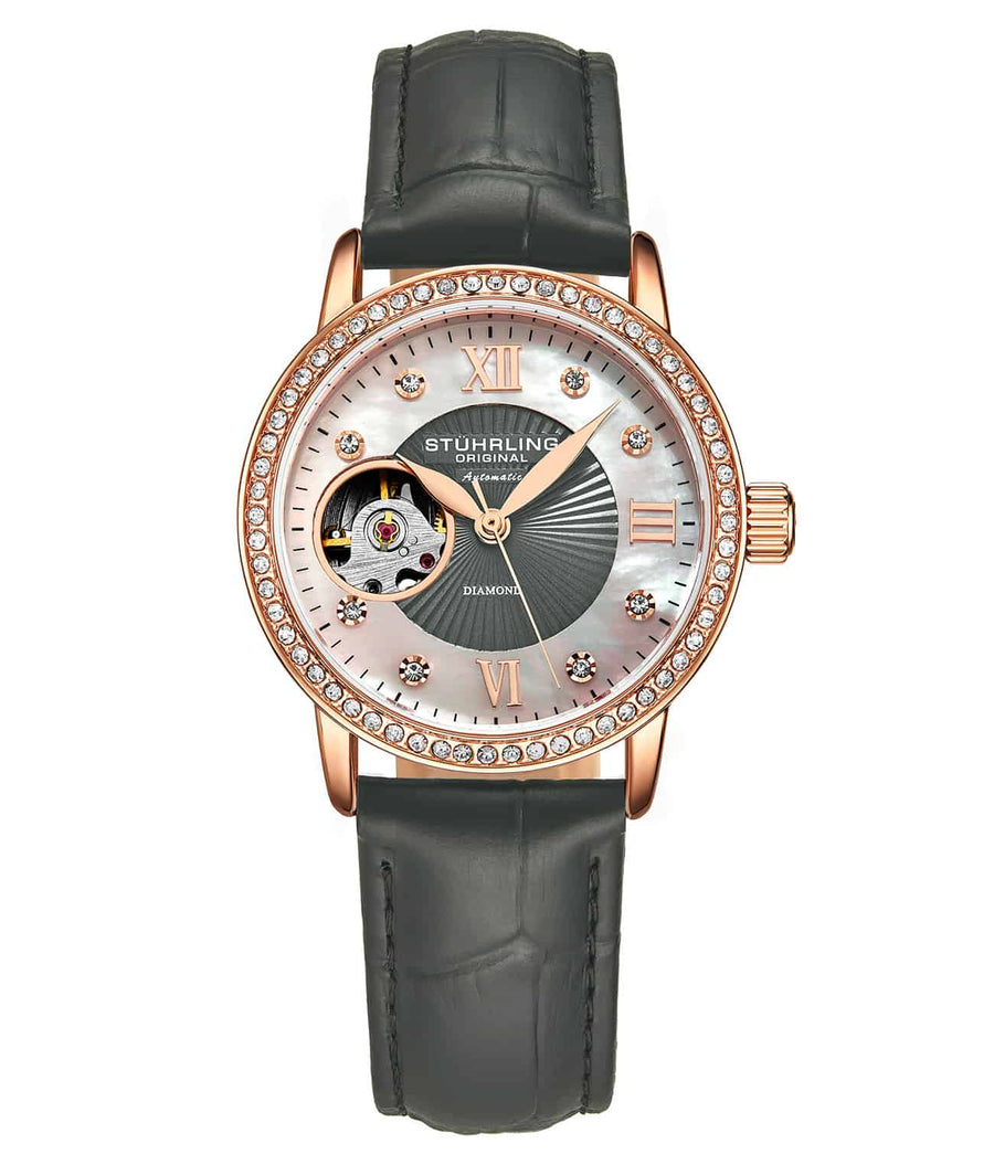 Stührling Legacy 3952 Automatic 34mm Skeleton - Silver Dial/Rose Case/Gun Metal Grey Leather Strap