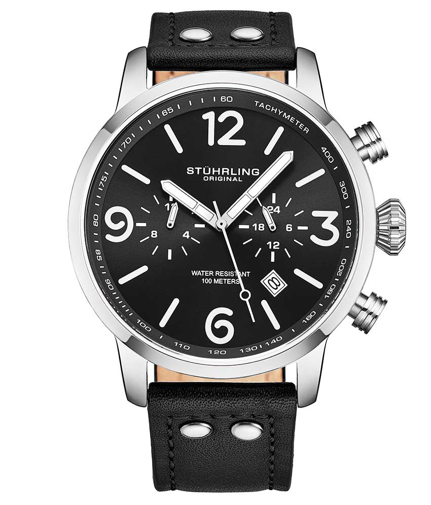 Stührling 3956 Quartz 45mm Aviator - Black Dial/Silver Case/Black Leather Strap