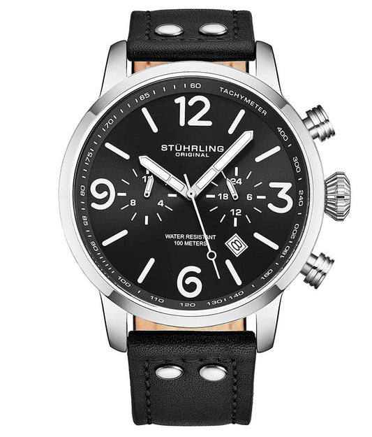 Stührling 3956 Quartz 45mm Aviator - Black Dial/Silver Case/Black Leather Strap