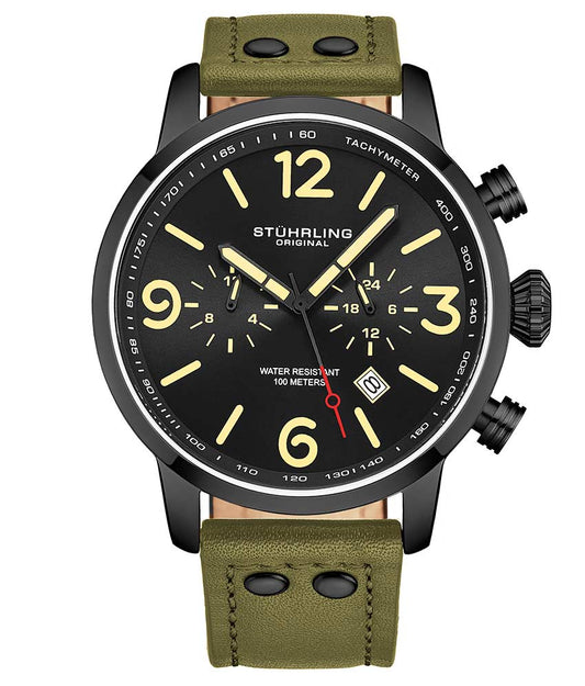 Stührling 3956 Quartz 45mm Aviator - Black Dial/Black Case/Green Leather Strap