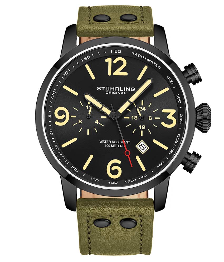 Stührling 3956 Quartz 45mm Aviator - Black Dial/Black Case/Green Leather Strap