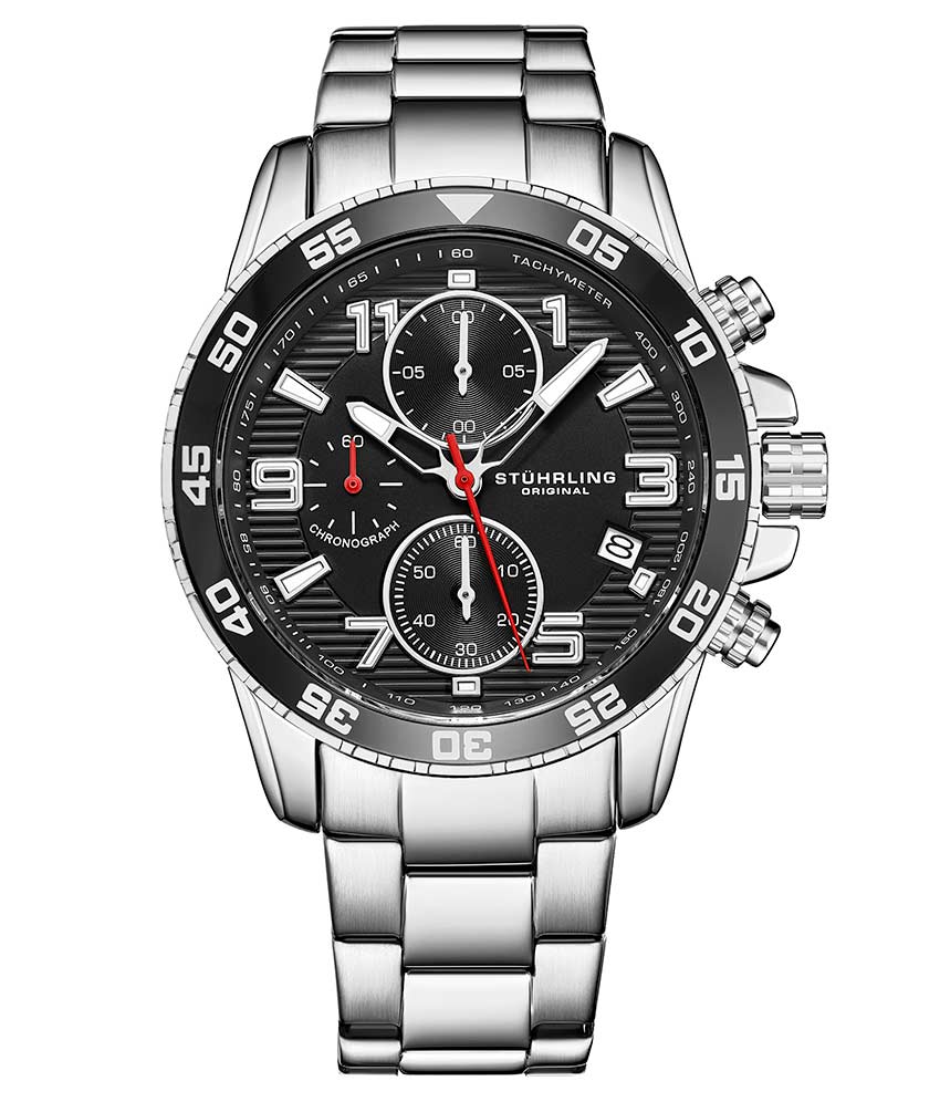 Stührling Concorso 3957 Quartz 40mm Chronograph - Black Dial / Silver Case / Silver Stainless Steel Bracelet Deployant Buckle