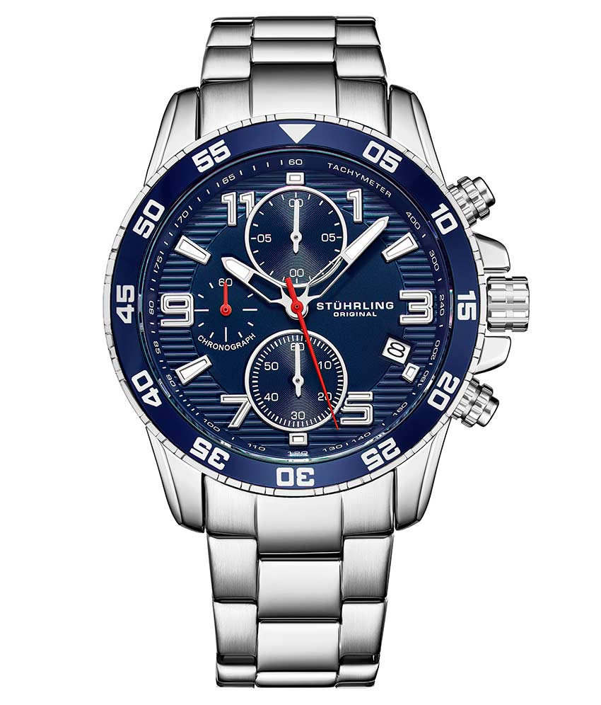 Stührling Concorso 3957 Quartz 40mm Chronograph - Blue Dial / Silver Case / Silver Stainless Steel Bracelet Deployant Buckle
