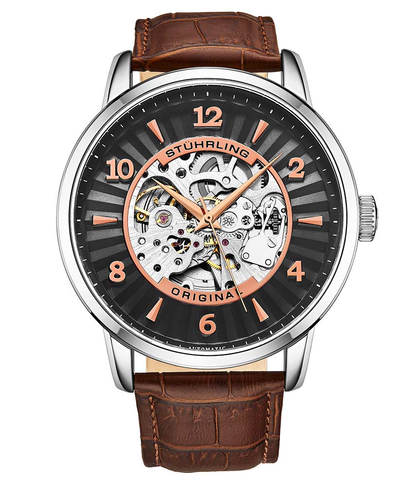 Stührling Aristocraft Automatic 48mm Skeleton - Black Dial/ Silver Case/ Brown Leather Strap