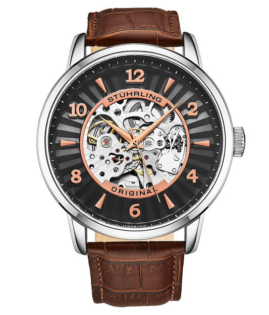 Stührling Aristocraft Automatic 48mm Skeleton - Black Dial/ Silver Case/ Brown Leather Strap