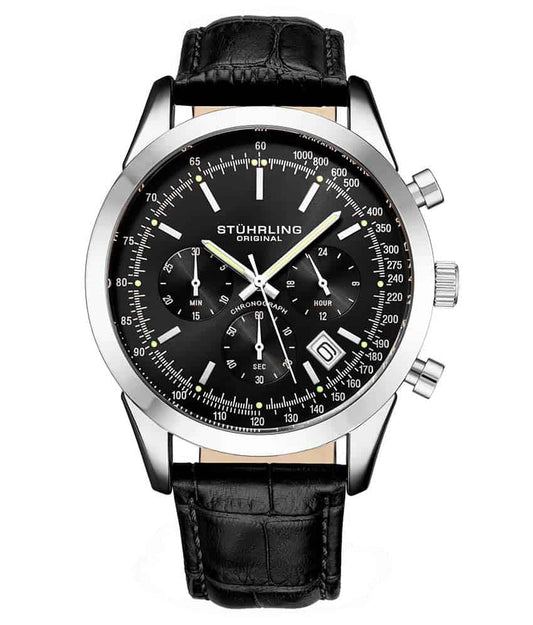 Stührling Rialto 3975L Quartz 44mm Chronograph - Black Dial / Silver Case / Black Leather Strap silver Tang Buckle