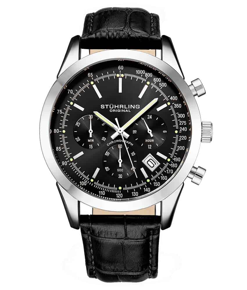 Stührling Rialto 3975L Quartz 44mm Chronograph - Black Dial / Silver Case / Black Leather Strap silver Tang Buckle