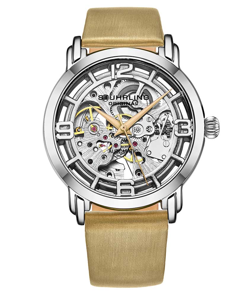 Stührling Winchester 3982 Automatic 40mm Skeleton - Silver Dial/Silver Case/Beige Leather Strap