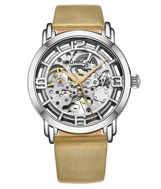 Stührling Winchester 3982 Automatic 40mm Skeleton - Silver Dial/Silver Case/Beige Leather Strap