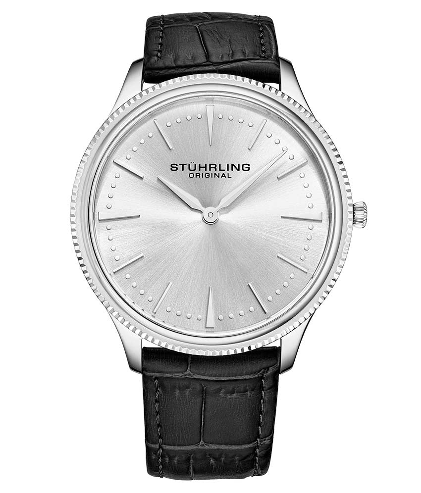 Stührling Silhouette 3984 Quartz 41mm Classic - Silver Dial / Silver Case / Black Leather Strap Silver Tang Buckle