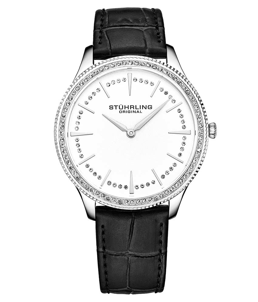 Stührling 3985 Quartz 38mm Classic watch - Silver Case/ Silver Dial with Crystals