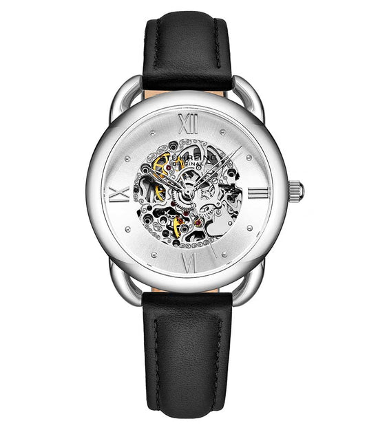 Stührling Mystic Automatic 36mm Skeleton - Silver Dial / Silver Case / Black Leather Strap Silver Tang Buckle