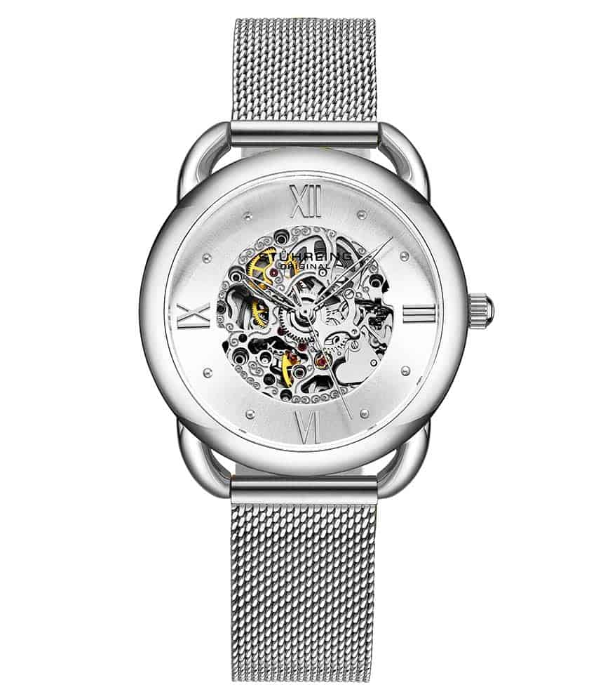 Stührling Mystic 3990M Automatic 36mm Skeleton - Silver Dial / Silver Case / Silver Stainless Steel Bracelet Silver Foldover Buckle