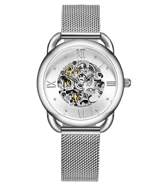Stührling Mystic 3990M Automatic 36mm Skeleton - Silver Dial / Silver Case / Silver Stainless Steel Bracelet Silver Foldover Buckle