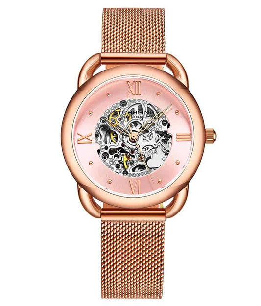 Stührling Mystic 3990M Automatic 36mm Skeleton - Pink Dial / Rose Case / Rose Stainless Steel Bracelet Rose Gold Layered Foldover Buckle