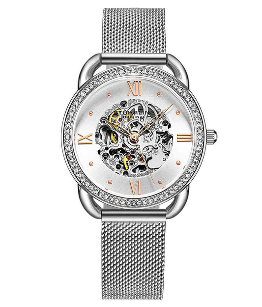 Stührling Nexus Mesh Automatic 36mm Skeleton - Silver Dial / Silver Case / Silver Stainless Steel Bracelet Silver Foldover Buckle